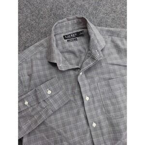 LRL Ralph Lauren Shirt Men 15 34/35 Gray Plaid Button Up Slim Stretch Black Labl